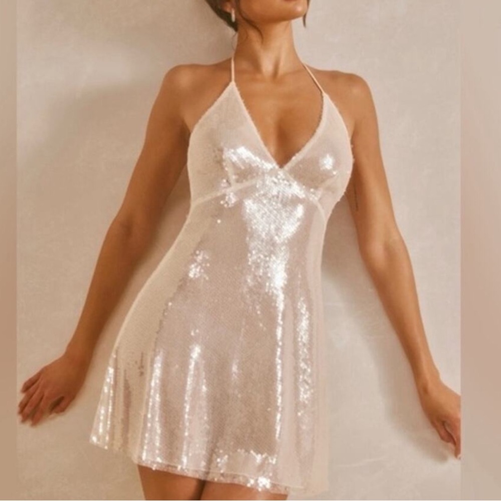 Oh Polly Livia Dress Sequins Glam Bridal Coquette Fairy Sexy White Cream Size 4